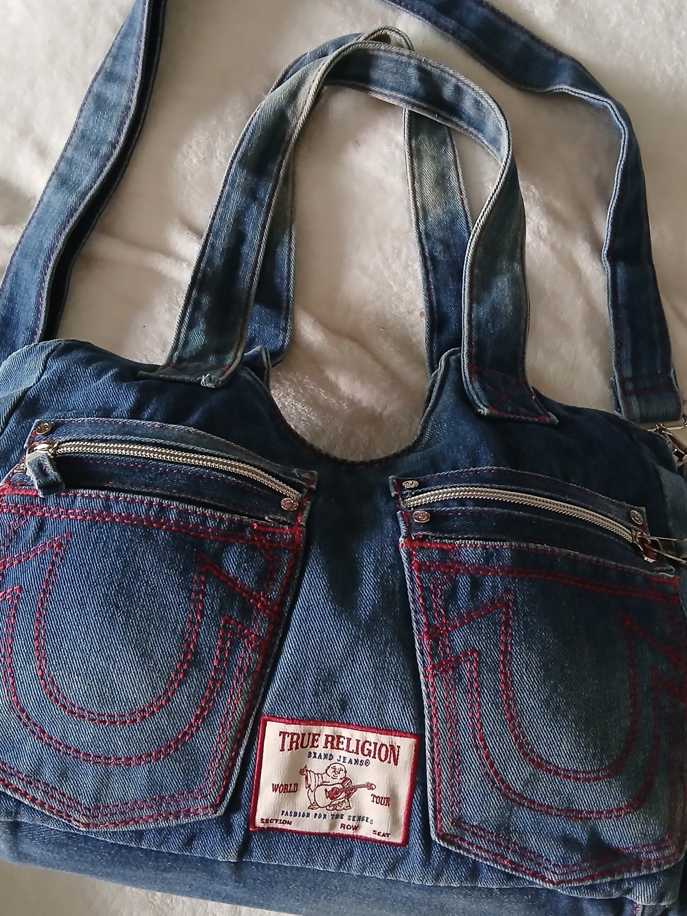 True Religion Denim Shoulder Convertible Crossbody Bag + Red Stitch [EUC]